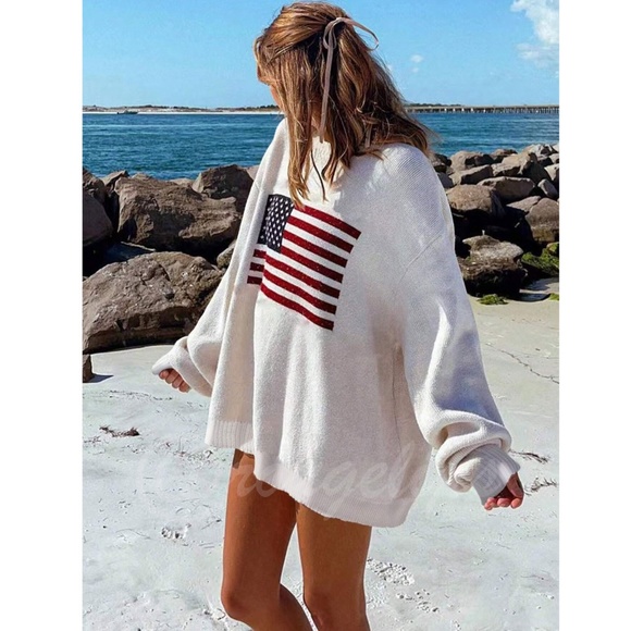 American Flag Knit Off White Pullover Sweater Crew Neck Long Sleeve - Picture 15 of 16